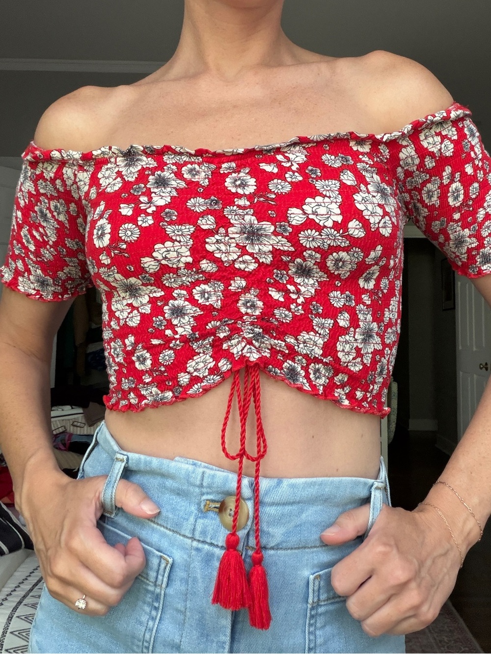 Forever 21 Red Floral Off-Shoulder Drawstring Crop Top